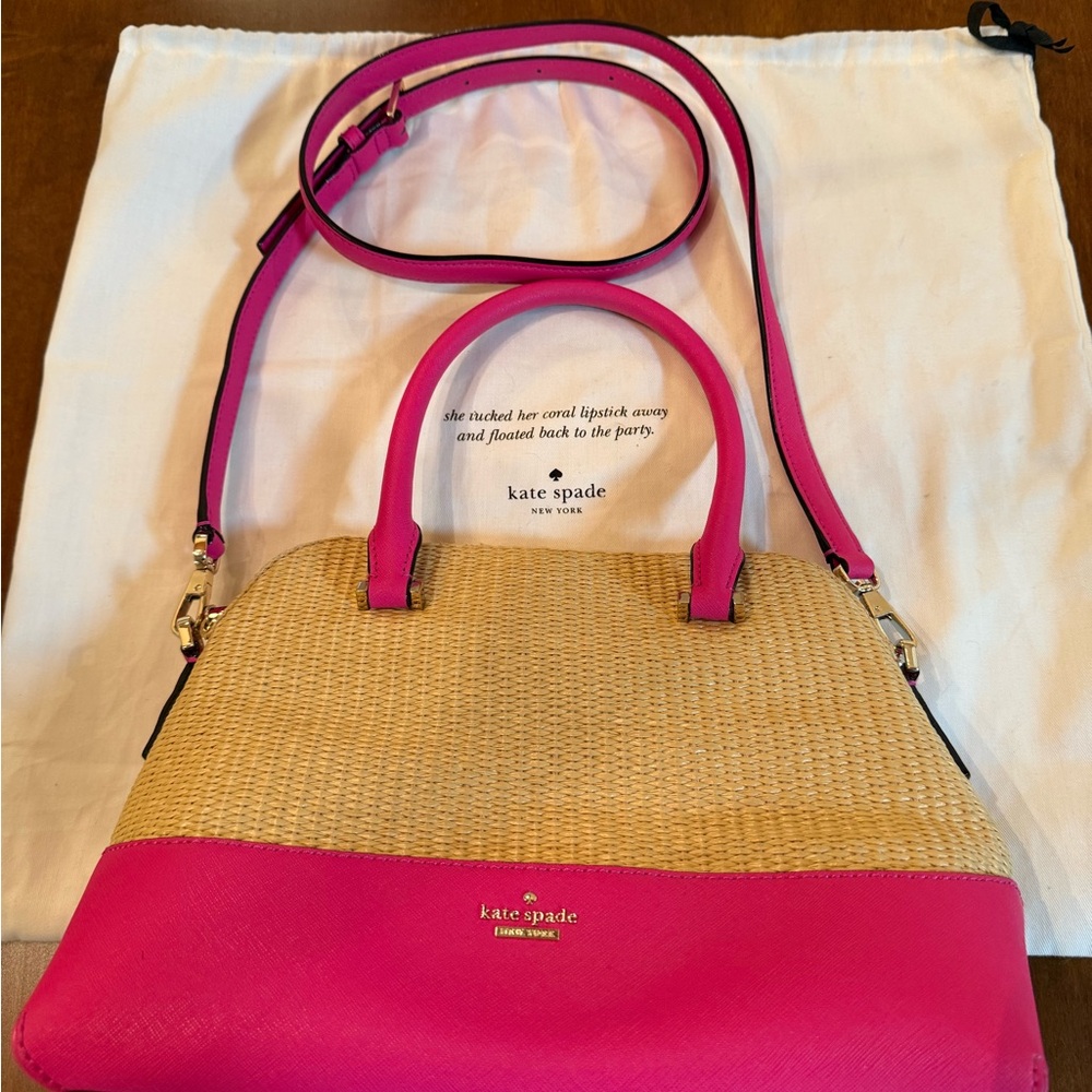Kate Spade Vibrant Pink and Tan Wicket Handbag